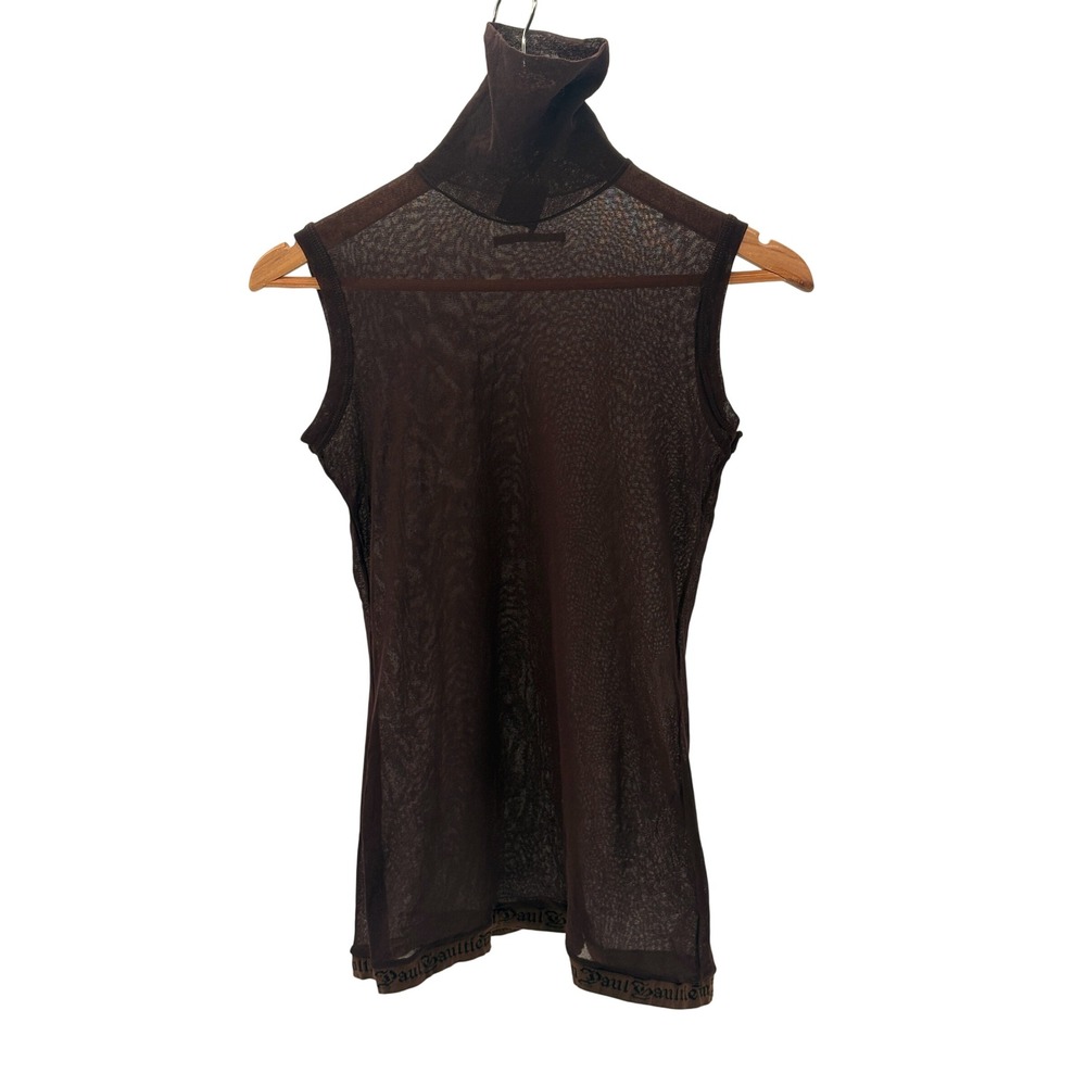 Vintage 90s Jean Paul Gaultier Maille Tank Top Women Large Brown Sheer High Neck